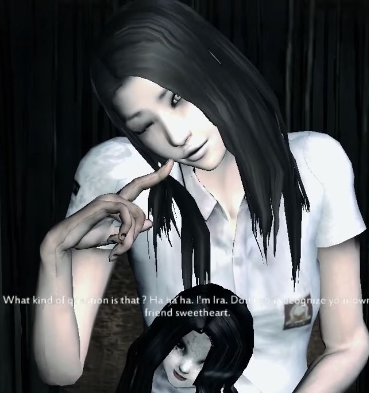 an animated image of a woman with long black hair and white shirt holding her hand to her face