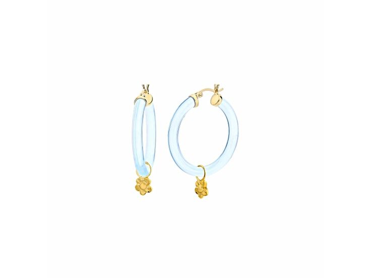 14k yellow gold over sterling silver acrylic mini flower charm hoop earrings in pastel blue Trendy Hoop Charms Jewelry, Trendy Hoop Jewelry With Charms, Blue Round Jewelry For Spring, Round Blue Jewelry For Spring, Trendy Single Earring Jewelry For Spring, Blue Round Spring Jewelry, Light Blue Jewelry For Spring Gift, Trendy Single Earring For Spring, Spring Single Drop Earring