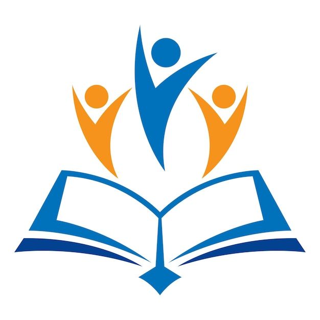 an open book with two people standing on top of it, and the logo is blue and orange