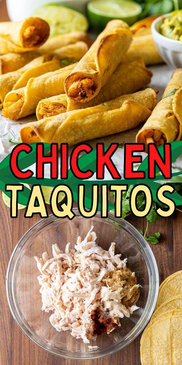 chicken taquitass on a cutting board with tortillas in the background