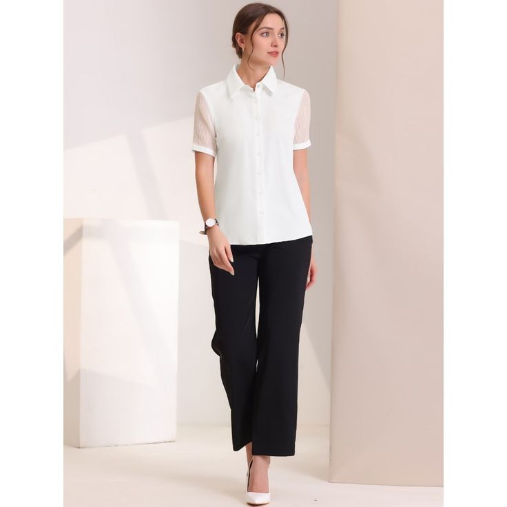 This solid shirt top adds to your choice for the summer. With the design of the point collar and sheer short sleeves, this top can make you look slim. Perfectly pair it with pants or skirts for a work style. Suitable for many occasions, work, formal, business casual, daily wear, casual, weekend gathering, dating, etc. Formal Half Sleeve Tops For Summer, Elegant Short Sleeve Semi-formal Blouse, Summer Office Chiffon Blouse, Summer Chiffon Office Blouse, Elegant Short Sleeve Tops For Office Wear, Chiffon Blouse For Work, Elegant Short Sleeve Blouse For Semi-formal Occasions, Elegant Short Sleeve Summer Blouse, Elegant Short Sleeve Chiffon Tops