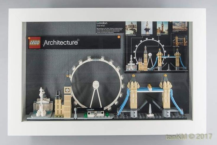 a lego architecture display in a white frame with an image of the london eye and big ben