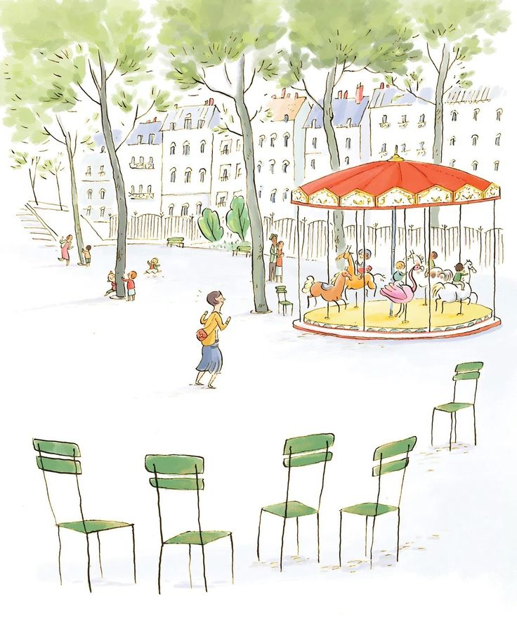 a drawing of a carousel in the middle of a park with green chairs around it