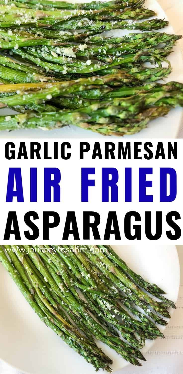 garlic parmesan air fried asparagus on a white plate with text overlay