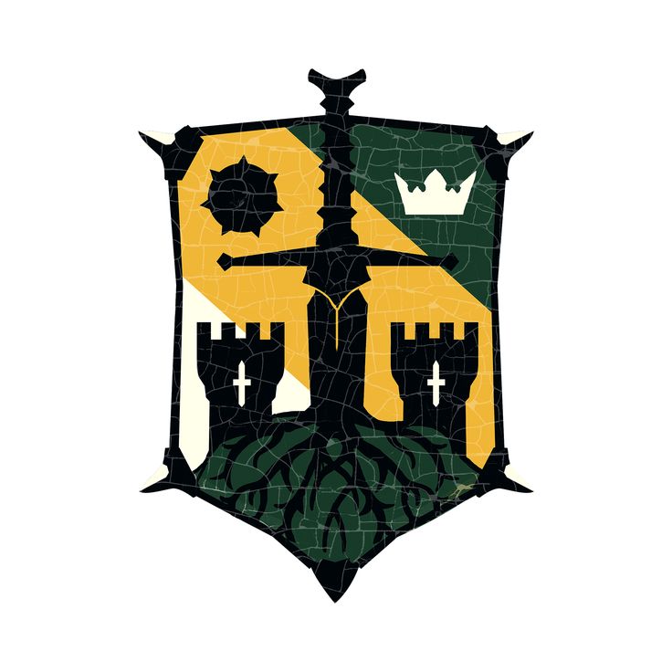 a coat of arms with two swords and crown on it, surrounded by green leaves