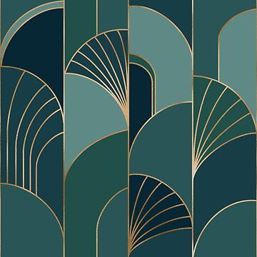 an art deco wallpaper design in shades of blue, green and gold with fan shapes