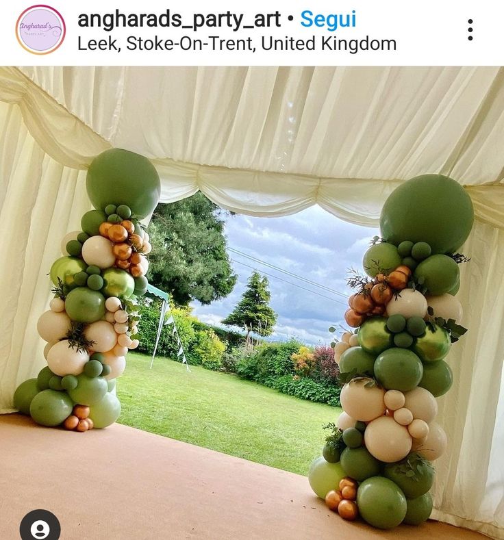 an arch made out of balloons in the middle of a lawn