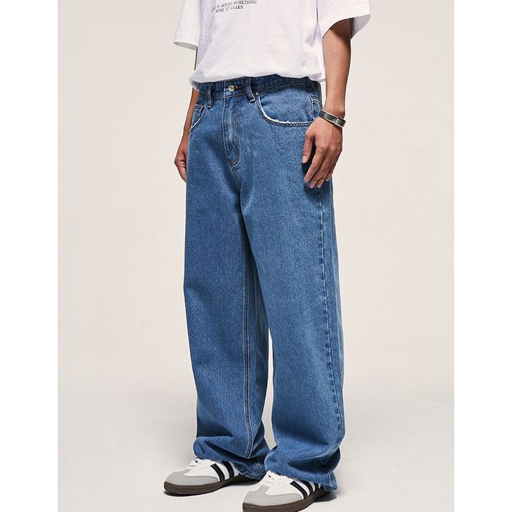 Washed Wide Leg Baggy Jeans  Material: 75% cotton + 25% polyester  Size: S, M, L, XL, Color: Blue  Season: Spring, Autumn, Winter   Occasion: Leisure, Outdoor, Daily, Vacation Blue Jeans Outfit Men, Wide Leg Baggy Jeans, Wide Leg Jeans Outfit, Baggy Jeans Outfit, Wide Legged Jeans, Jeans Outfit Men, Blue Jean Outfits, Street Style Outfits Men, Mens Fashion Streetwear