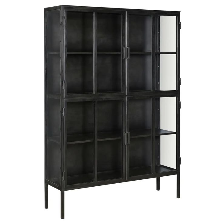 a black bookcase with glass doors on the front and bottom shelves, against a white background