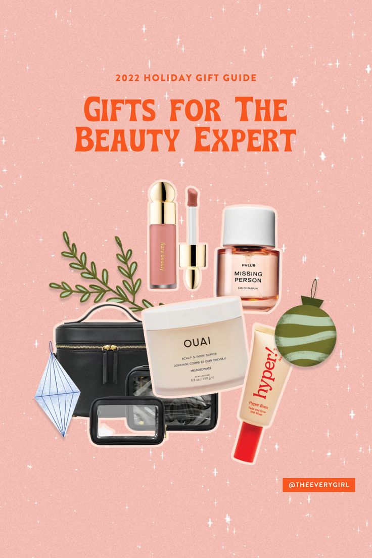 the holiday gift guide for the beauty expert is on display in front of a pink background