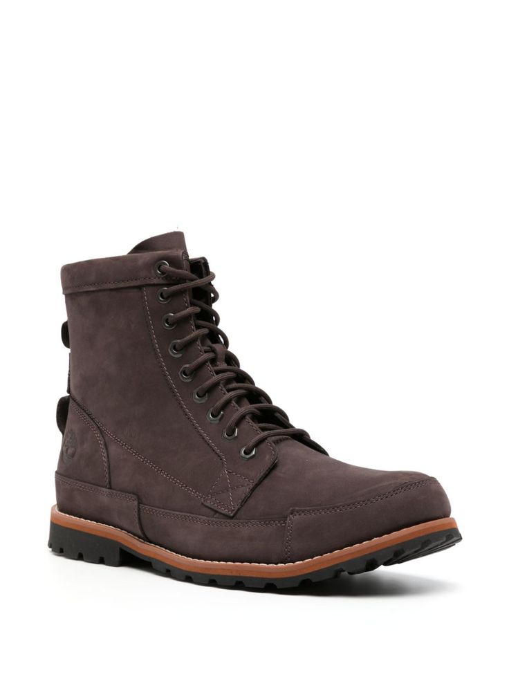 lace-up ankle boots from TIMBERLAND featuring cedar brown, calf suede, tonal stitching, debossed logo to the side, front lace-up fastening, almond toe, pull-tab at the heel, ankle-length, branded insole and flat rubber sole. This item is in size 7½ and the color is Rugged Suede Lace-up Boots For Fall, Leather Moc Toe Boots With Laces, High-top Leather Lace-up Boots, Outdoor Leather Lace-up Boots, Leather Waterproof Lace-up Boots With Laces, Fall Lace-up Boots With Suede Lining And Plain Toe, Waterproof Leather Lace-up Boots, Brown Lace-up Boots, Timberland Moc Toe Boots For Fall