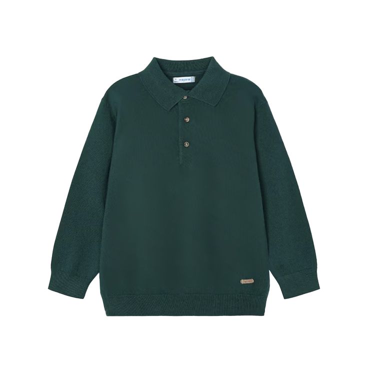 Alpine green polo shirt for boys by Mayoral, knitted in a soft cotton and wool blend. This timeless design has a pointed collar, long sleeves and button fastenings on the front. Green Wool Sweater With Ribbed Collar, Classic Green Wool Sweater, Classic Green Sweater With Ribbed Collar, Classic Long Sleeve Knitted Polo Sweater, Classic Green Polo Collar Sweater, Classic Green Knitted Sweater, Green Collared Sweater For Fall, Classic Green Sweater, Classic Green Long Sleeve Sweater