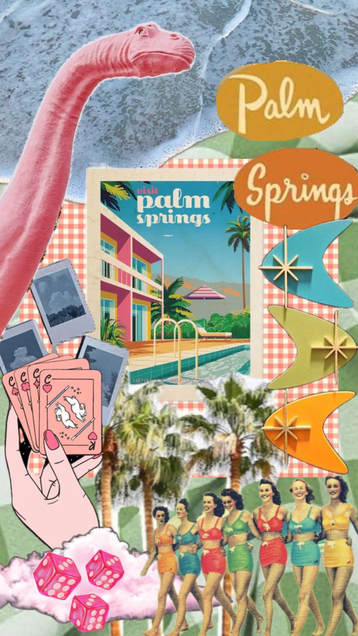 the collage has pink flamingos, palm trees and other things in it with words above them