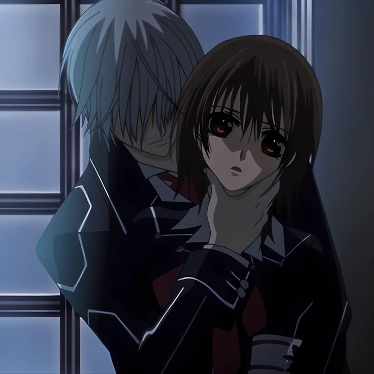 two anime characters standing next to each other in front of a window with their arms around one another