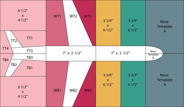 a paper plane is shown with measurements for each wing and the width in different colors