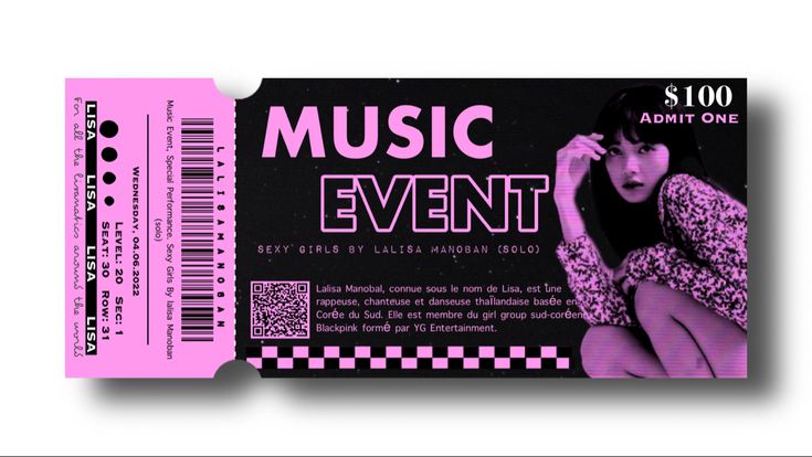 a concert ticket for an event with a woman on it and the words music event written in pink