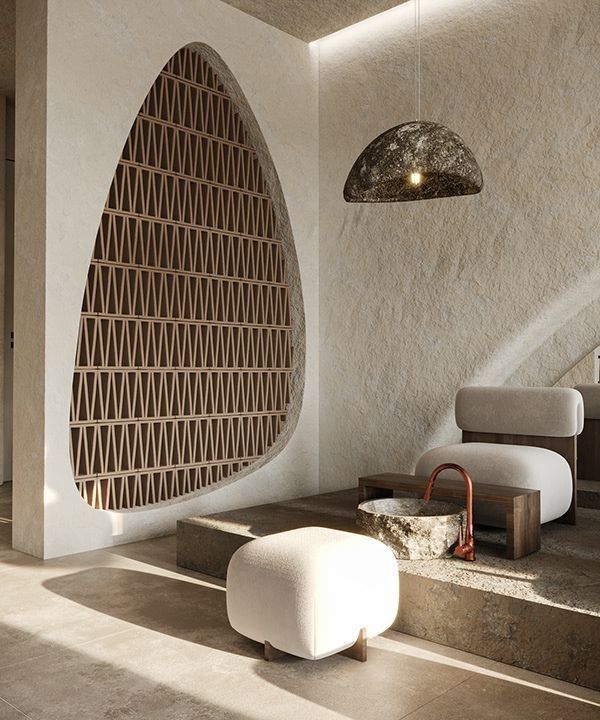 a living room filled with furniture next to a stair leading up to a ceiling light