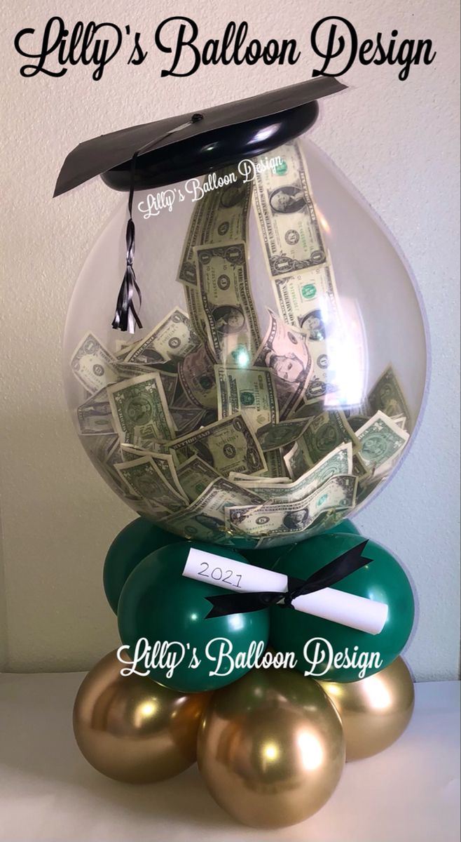 money in a glass bowl with graduation cap and tassel on top, surrounded by gold balls