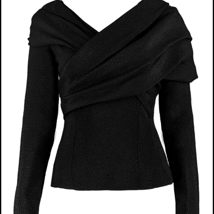 High End Designer Edeline Lee Textured Black Wrap Fitted Top. Brand New. Never Worn. Tags Fell Off. Sz 2. Luxury Fitted Evening Tops, Luxury Fitted Blouse For Evening, Elegant Black Draped Blouse, Elegant Draped Fall Blouse, Elegant Evening Tops For Winter, Designer Fitted Evening Blouse, Fitted Winter Evening Blouse, Elegant Draped Formal Tops, Designer Fitted Evening Tops