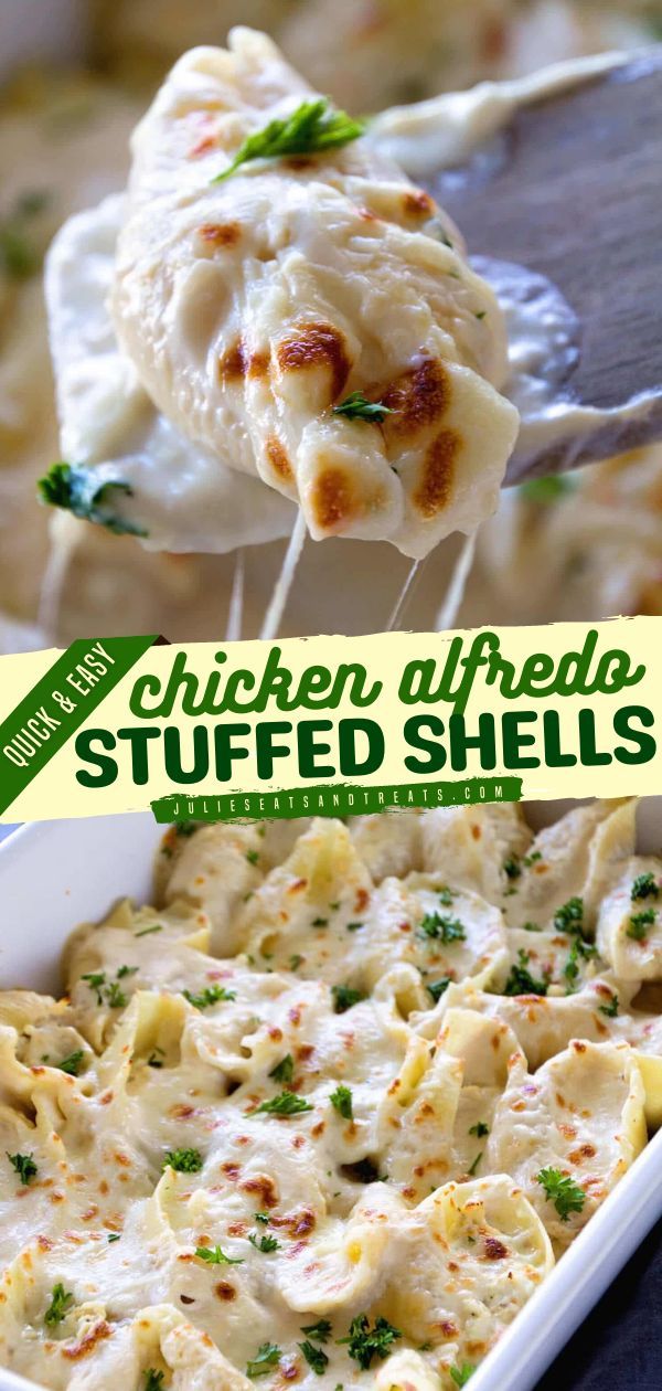 CHICKEN ALFREDO STUFFED SHELLS, pasta recipes, easy dinner ideas Stuffed Shells No Ricotta Cheese, Stuffed Shells White Sauce, Jumbo Shell Recipes, Pasta Shells Stuffed, Homecoming Dinner, Alfredo Stuffed Shells, Chicken Alfredo Stuffed Shells, Leftover Ideas, Shells Stuffed