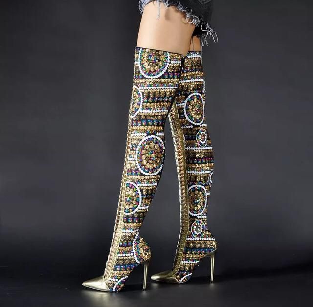 Luxury Women Sequence Cloth Over the Knee Thigh High Boots Cross Tied stilettos Boots Latest Designer Dresses, Heels Comfortable, Unique Boots, Sequin Boots, Gold Boots, Shoes For Woman, Occasion Outfit, Knee High Heels, Boots Are Made For Walking