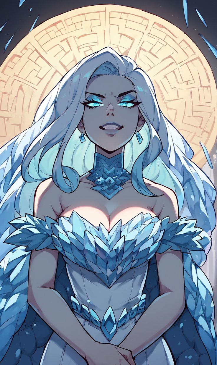 an illustration of a woman with blue hair and ice on her chest, standing in front of a circular background