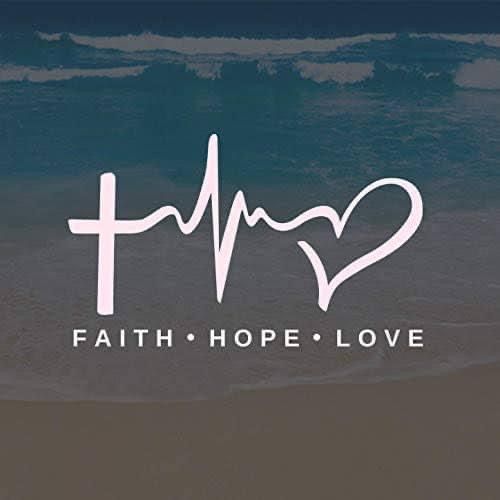 the words faith hope love written in white on a blue and brown background with waves