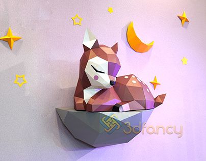 an origami sculpture of a fox in a bowl with stars on the wall