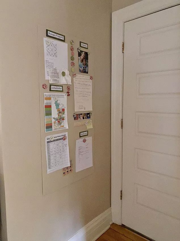 a door is open and there are many papers on the wall next to the door