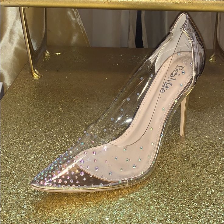 Rose Gold/Transparent Heel With Iridescent Rhinestones Brand New Never Worn! Clear Rhinestone Heels, Silver Ankle Strap Heels, Strap Up Heels, Gold Ankle Strap Heels, Royal Blue Heels, Pink Block Heels, Black Ankle Strap Heels, Rose Gold Heels, Black Casual Shoes