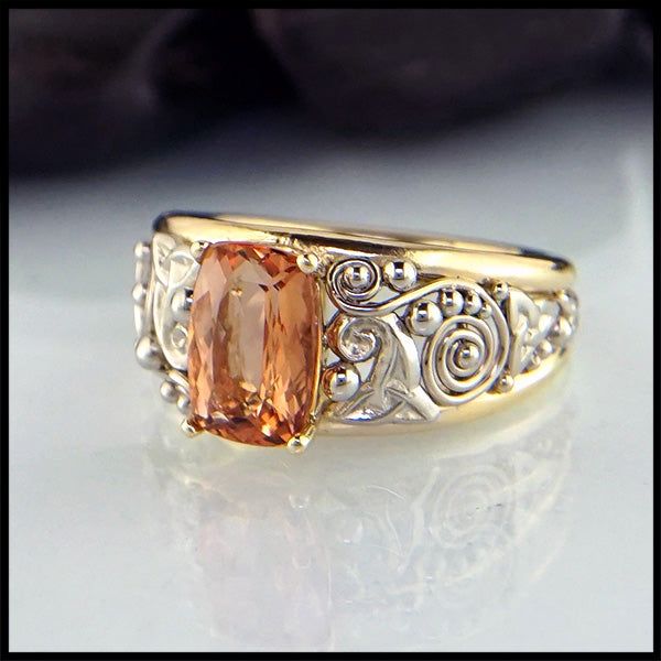 Imperial Topaz custom frame ring in 14K Yellow and White gold Stephen Walker, Imperial Topaz Ring, Citrine Jewelry, Imperial Topaz, Celtic Rings, White Gold Set, Unusual Jewelry, Custom Ring, Handcrafted Rings