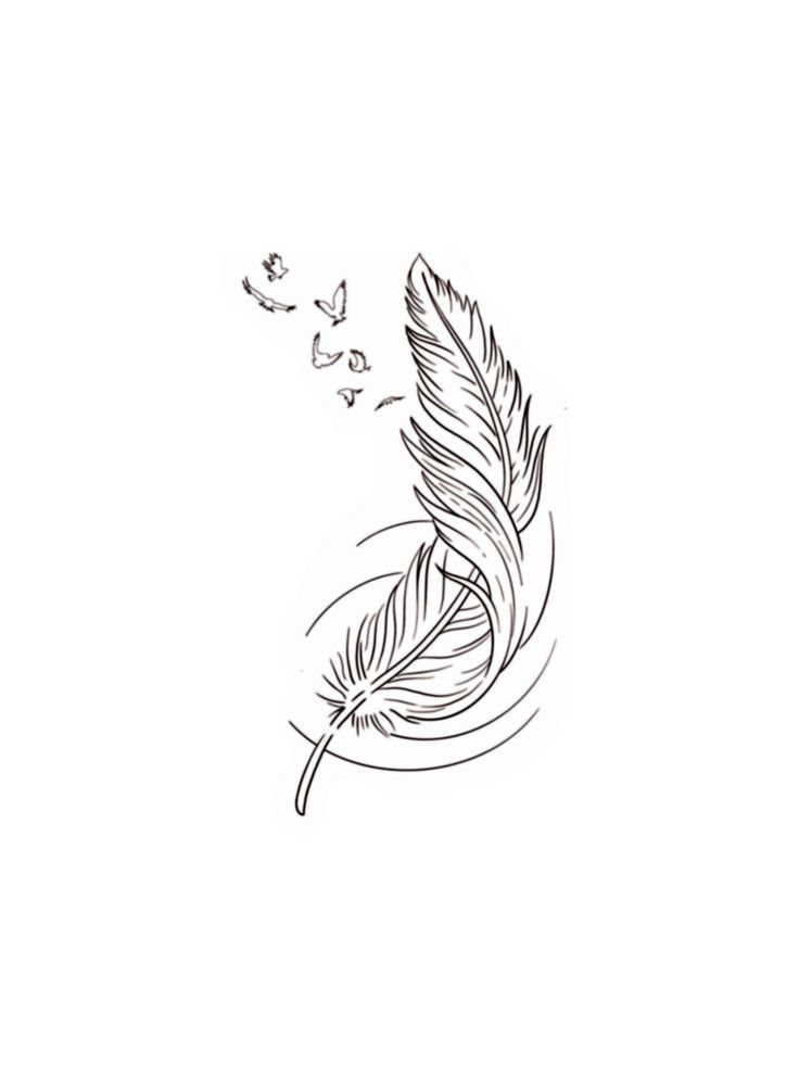 a black and white drawing of a bird's feather with butterflies flying around it