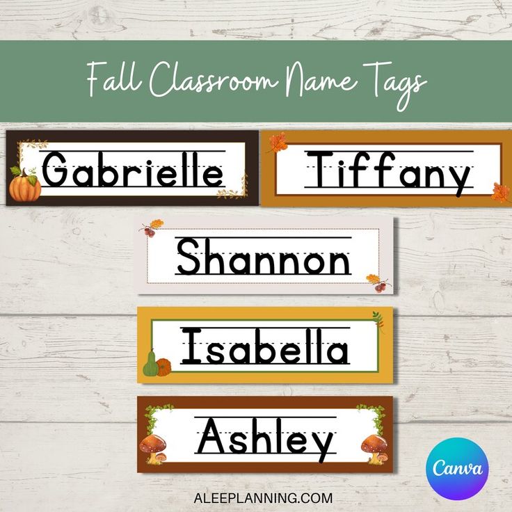 fall classroom name tags with the words gobble, tiffany, shannon, hassela and ashley