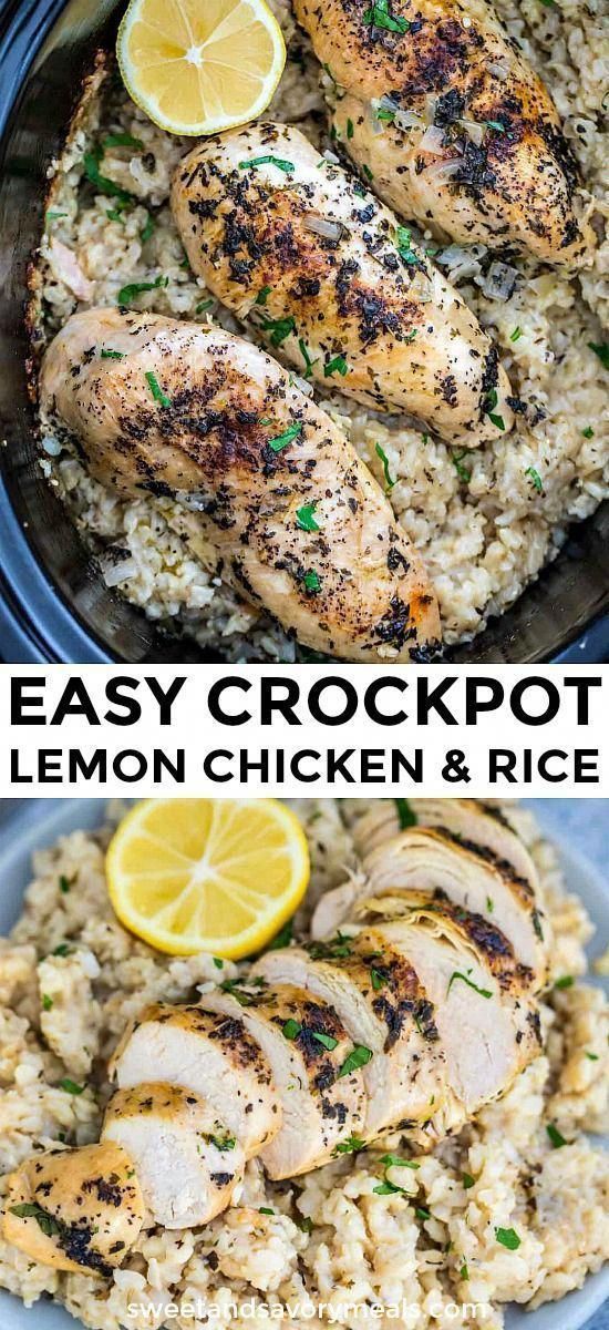 chicken and rice with lemons on the side is shown in two different photos, one has