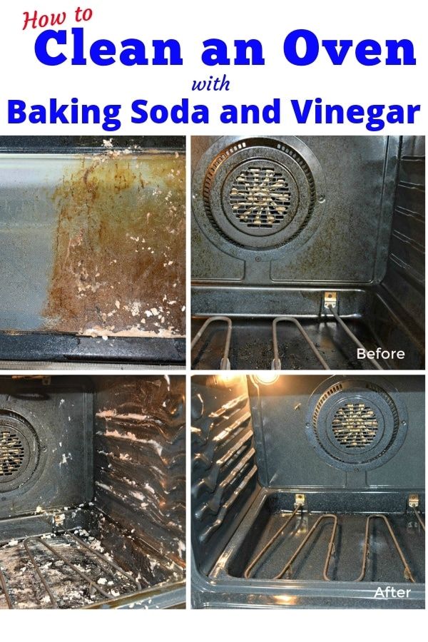 how to clean an oven with baking soda and vinegar - before and after pictures showing the cleaning process