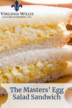 an egg salad sandwich cut in half on a cutting board with the words, the master's egg salad sandwich