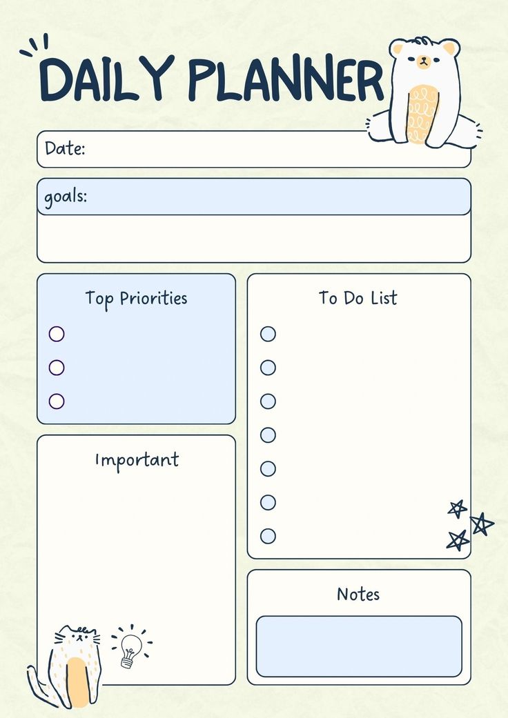 a daily planner with an image of a polar bear and stars on the top right side