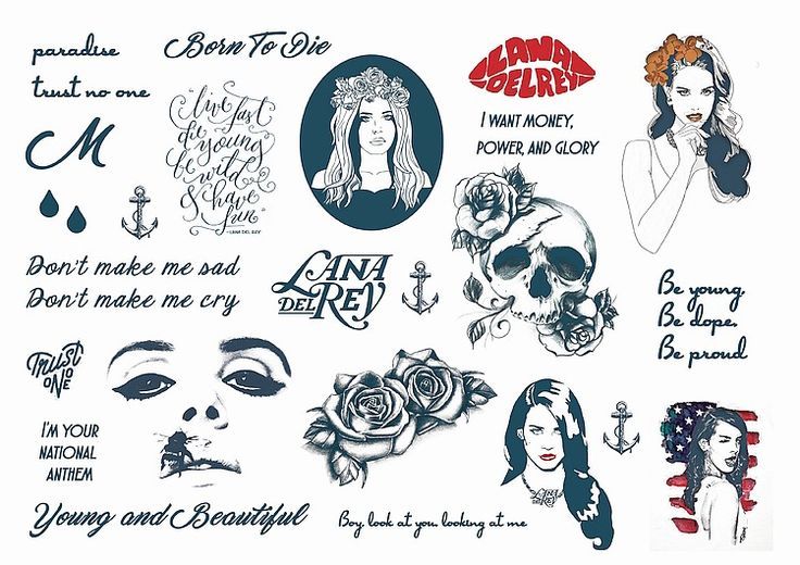 some tattoos on a white paper with words and pictures around them, including roses, lips,