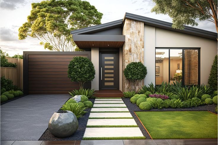 a modern house with landscaping in the front yard