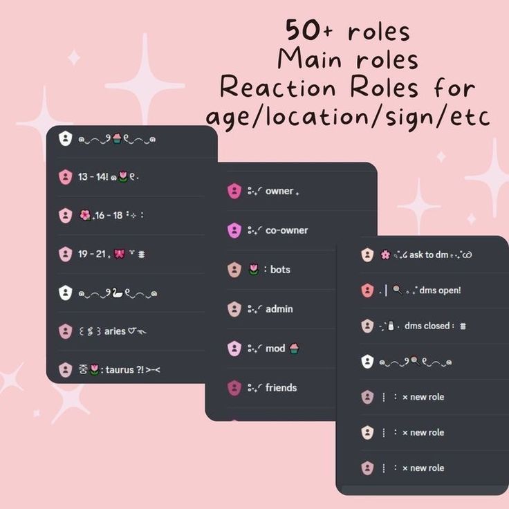 the text reads, 50 roles main roles reaction roles for age / location / sign / etc