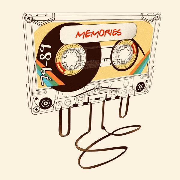 a drawing of an old fashioned cassette with the word memories written on it's side