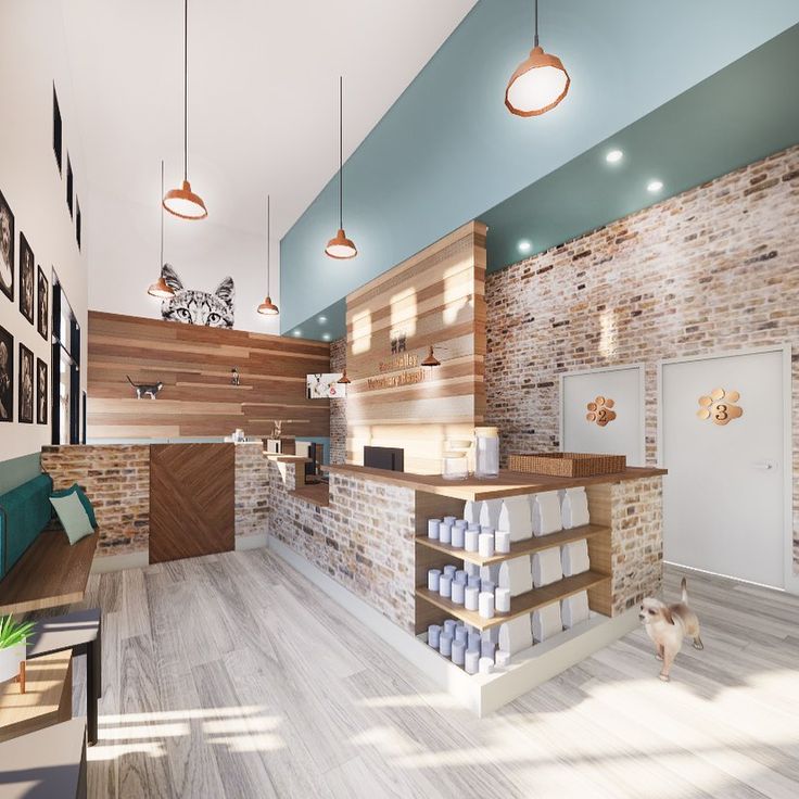 an artist's rendering of the interior of a coffee shop with brick walls and wood accents