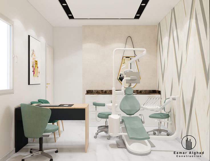 an office with dental equipment in it and a desk next to the dentist's chair