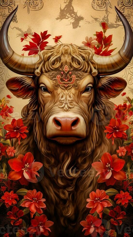 Chinese zodiac bull sign with red flowers generative AI Fire Ox Zodiac, Ox Art, Ox Chinese Zodiac, Vector Animation, Chinese Zodiac Signs, Pottery Techniques, Zodiac Art, Chinese Zodiac, Ox