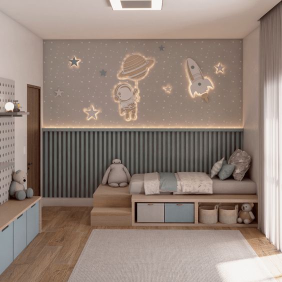 a child's bedroom with space themed wallpaper