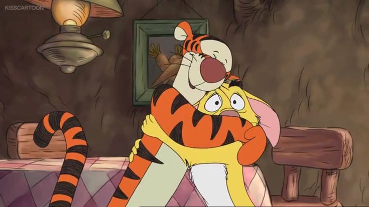 a cartoon character hugging a tiger in front of a mirror