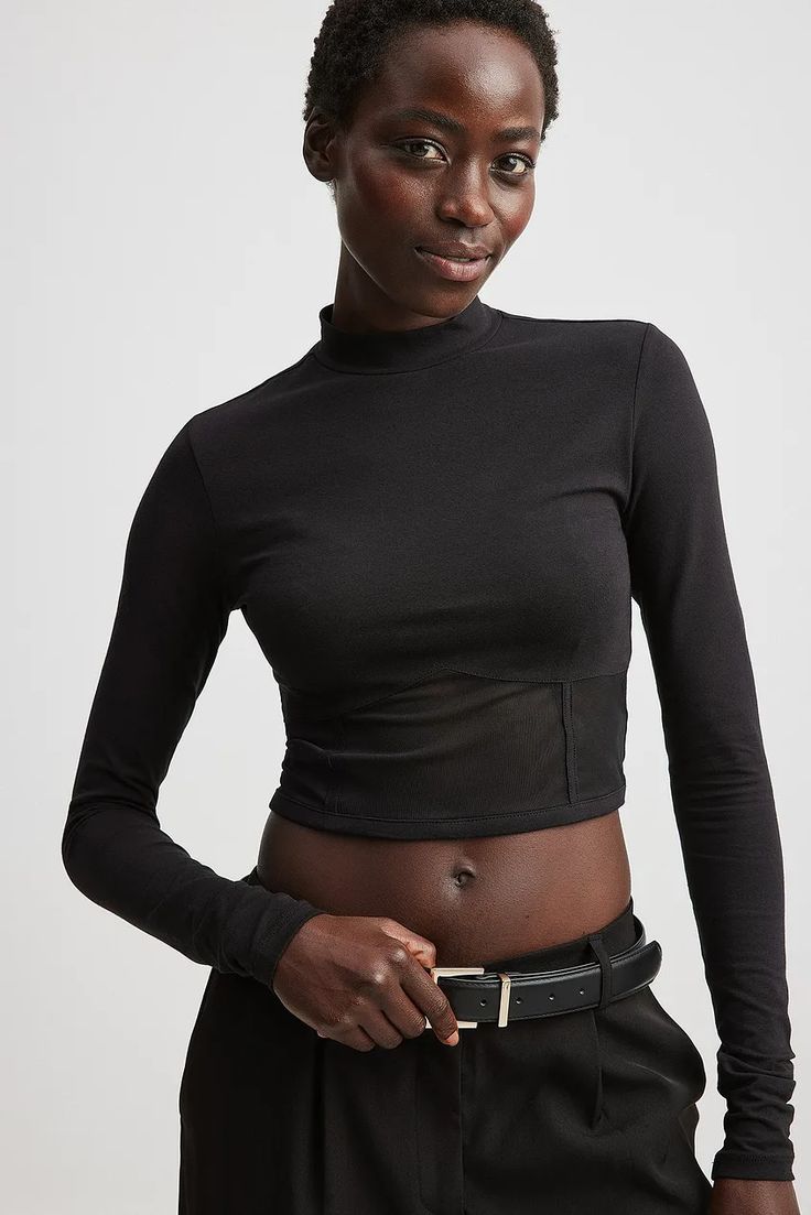 Cropped Mesh Detail Long Sleeve Top Black | NA-KD Black High Neck Top With Mesh Sleeves, Black Stretch Crop Top With Mesh Sleeves, Black Long Sleeve Crop Top For Fall, Black High Neck Mesh Top For Night Out, Fall High Neck Top With Mesh Sleeves, Fall Cropped Mock Neck Top, Black Cropped Mesh Top With Mesh Sleeves, Black Stretch Cropped Long Sleeve Top, Black Cropped Stretch Long Sleeve Top