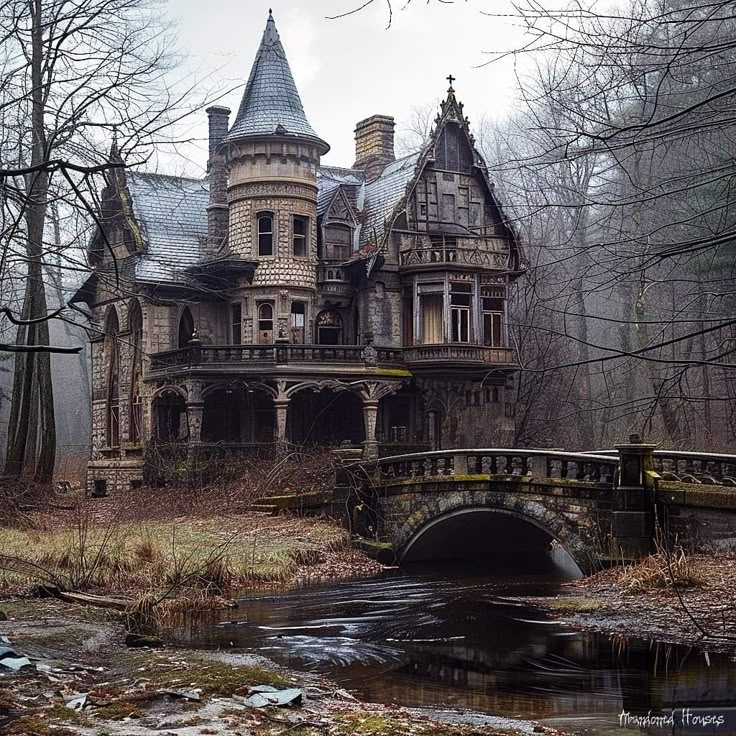 an old house in the woods with a bridge