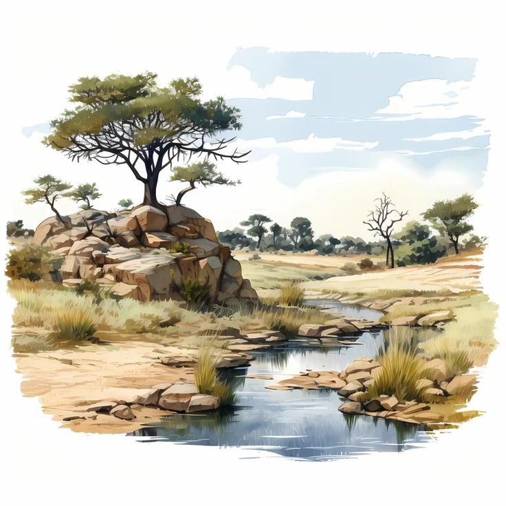 a painting of a river running through a dry grass field