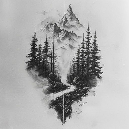 a black and white drawing of a mountain with pine trees on the side, in front of a foggy sky